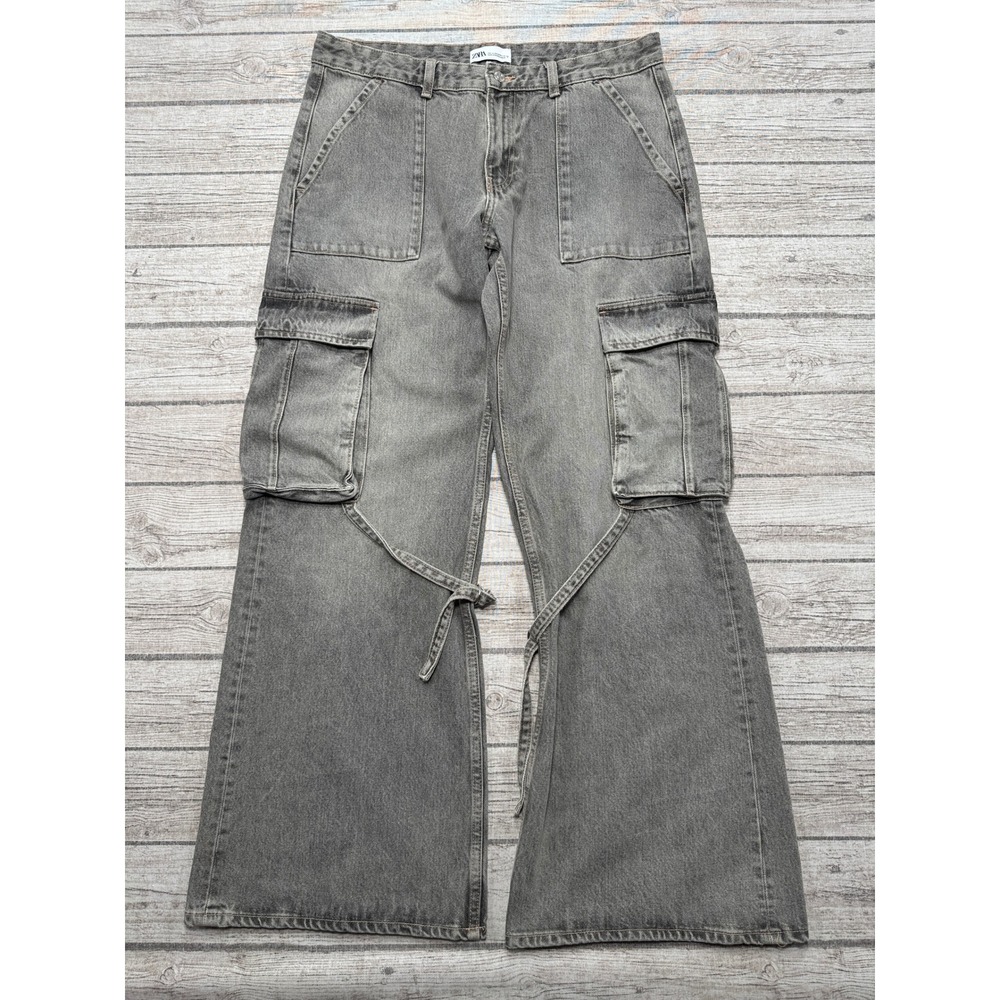 Zara Cargo Jeans Women's 10 Gray Light Wash Wide Leg High Rise Baggy Streetwear